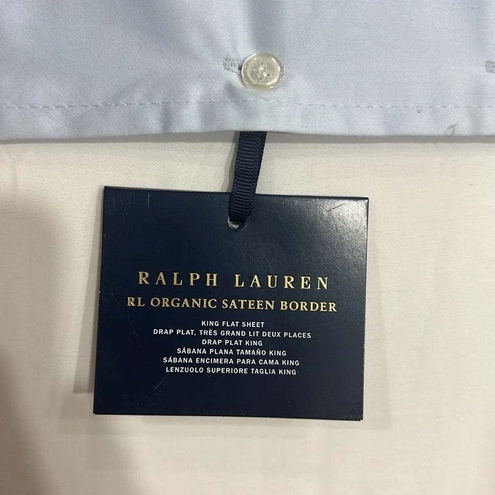 Ralph Lauren RL Organic Sateen Border King Flat Sheet Blue NWT $215